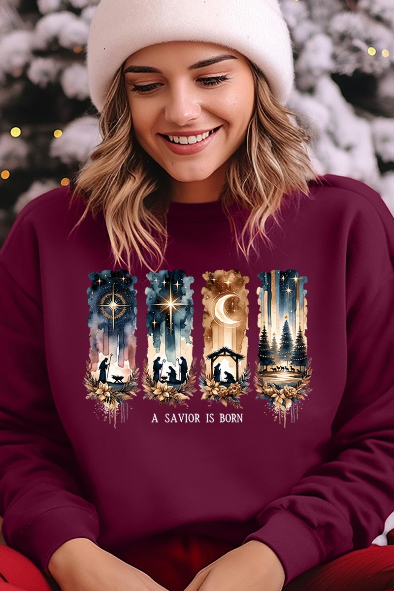 UL180P-E3204 Savior Is Born Nativity Graphic Plus Sweatshirt $25