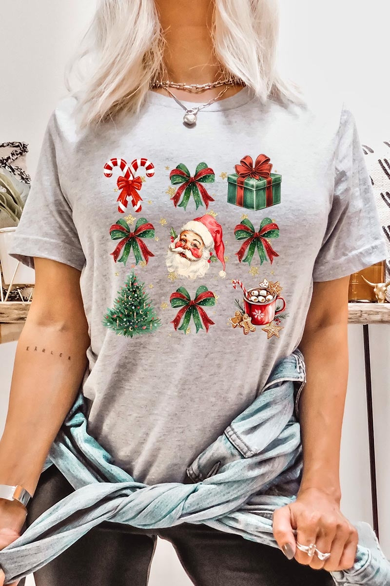 US3001-E3217 Santa Gifts & Bows Christmas Graphic Tee $12.5
