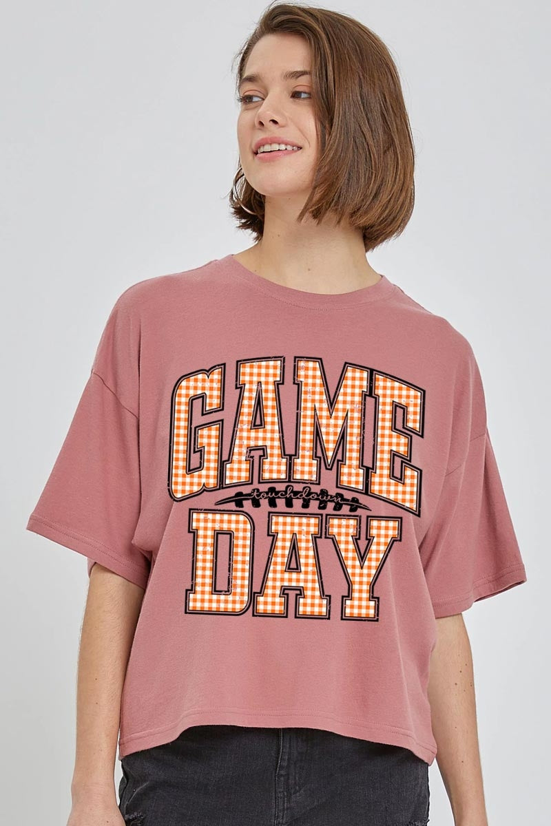 CTS-E3129 Orange Gingham Game Day Graphic Relaxed Crop Top $11