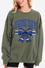 UL180P-E3065 Blue Game Day Football Bow Graphic Plus Sweatshirt $25