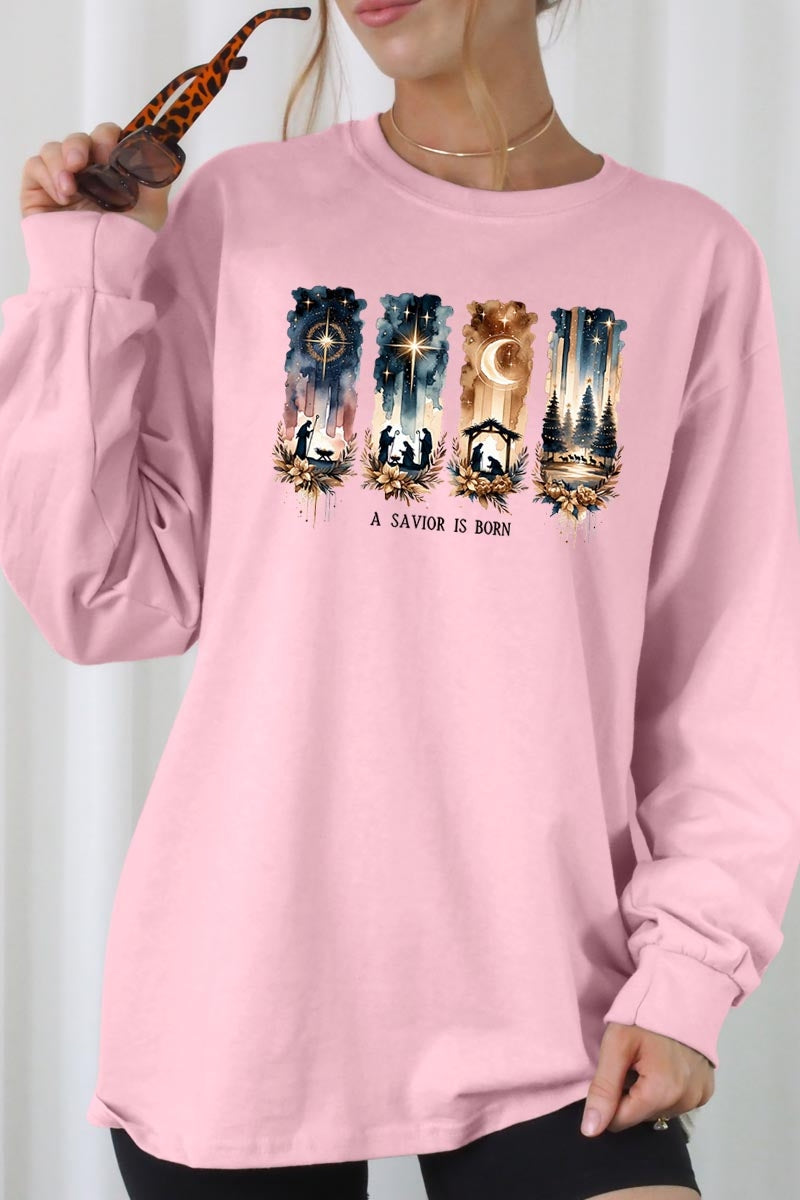 UL240P-E3204 Savior Is Born Nativity Graphic Plus Long Sleeve Tee $17