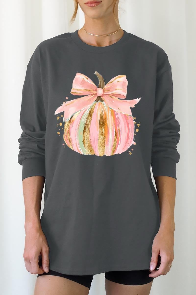 UL240-E3083 Brushstroke Pumpkin Graphic Long Sleeve Tee $13.75
