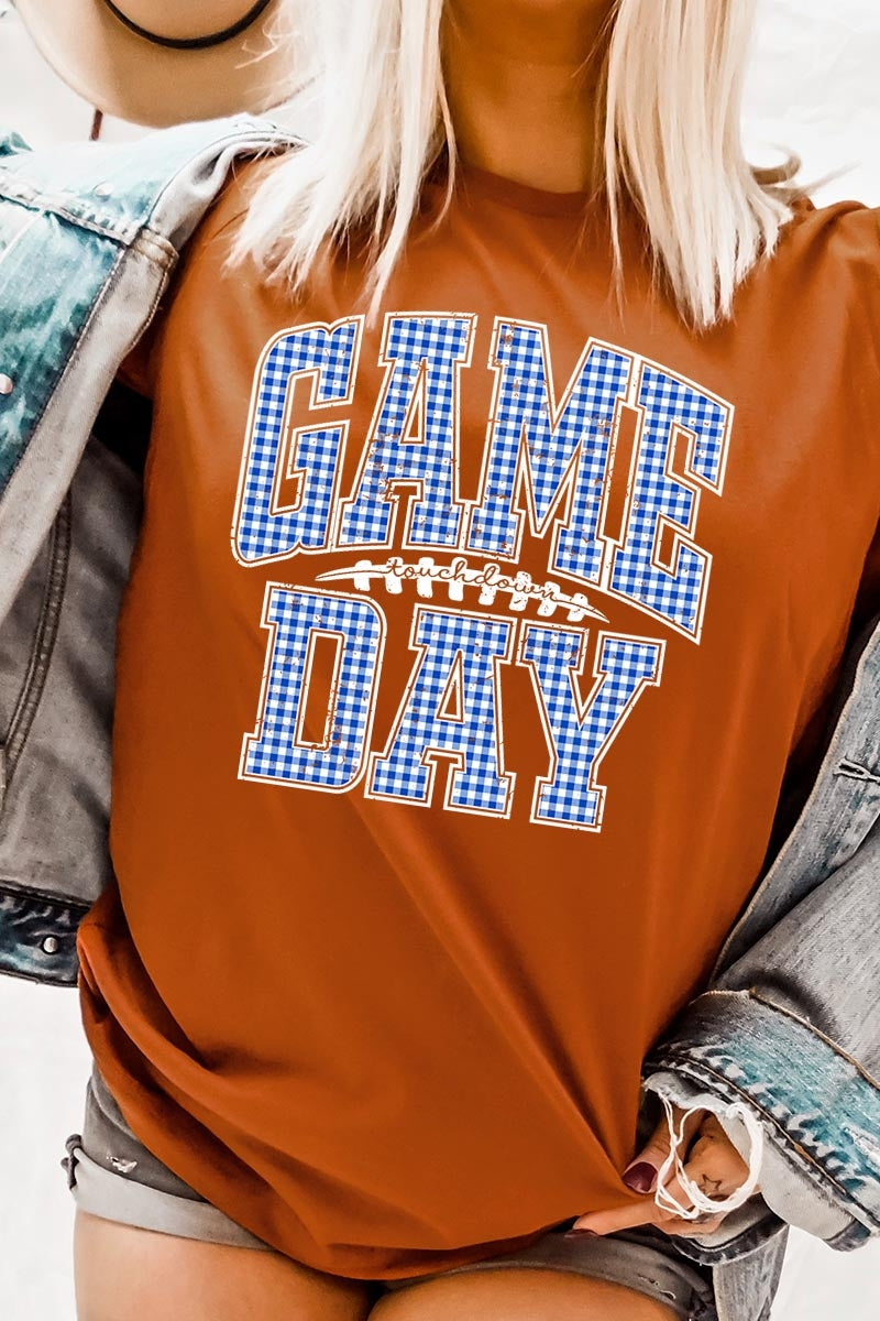 US3001-E3130 Blue Gingham Game Day Graphic Tee $12.5