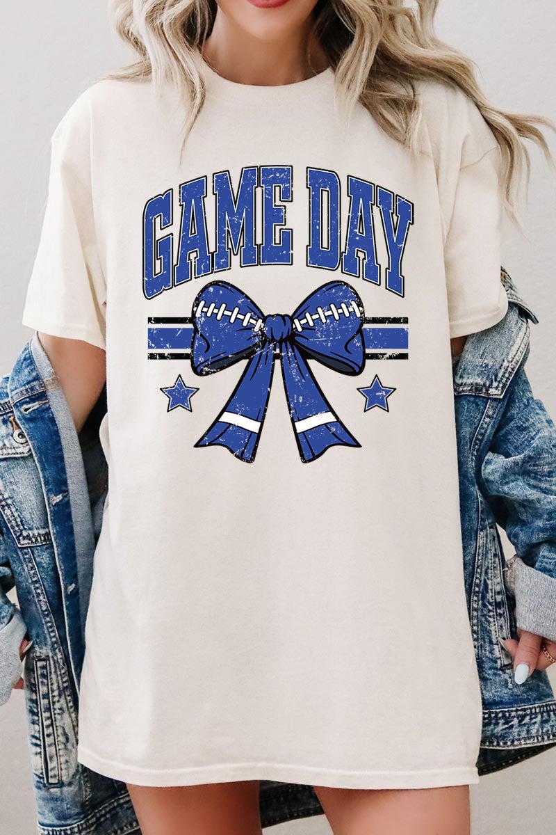 5000P-E3065 Blue Football Bow Graphic Plus Heavy Cotton Tee $12.75