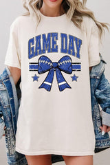 5000-E3065 Blue Football Bow Graphic Heavy Cotton Tee $9