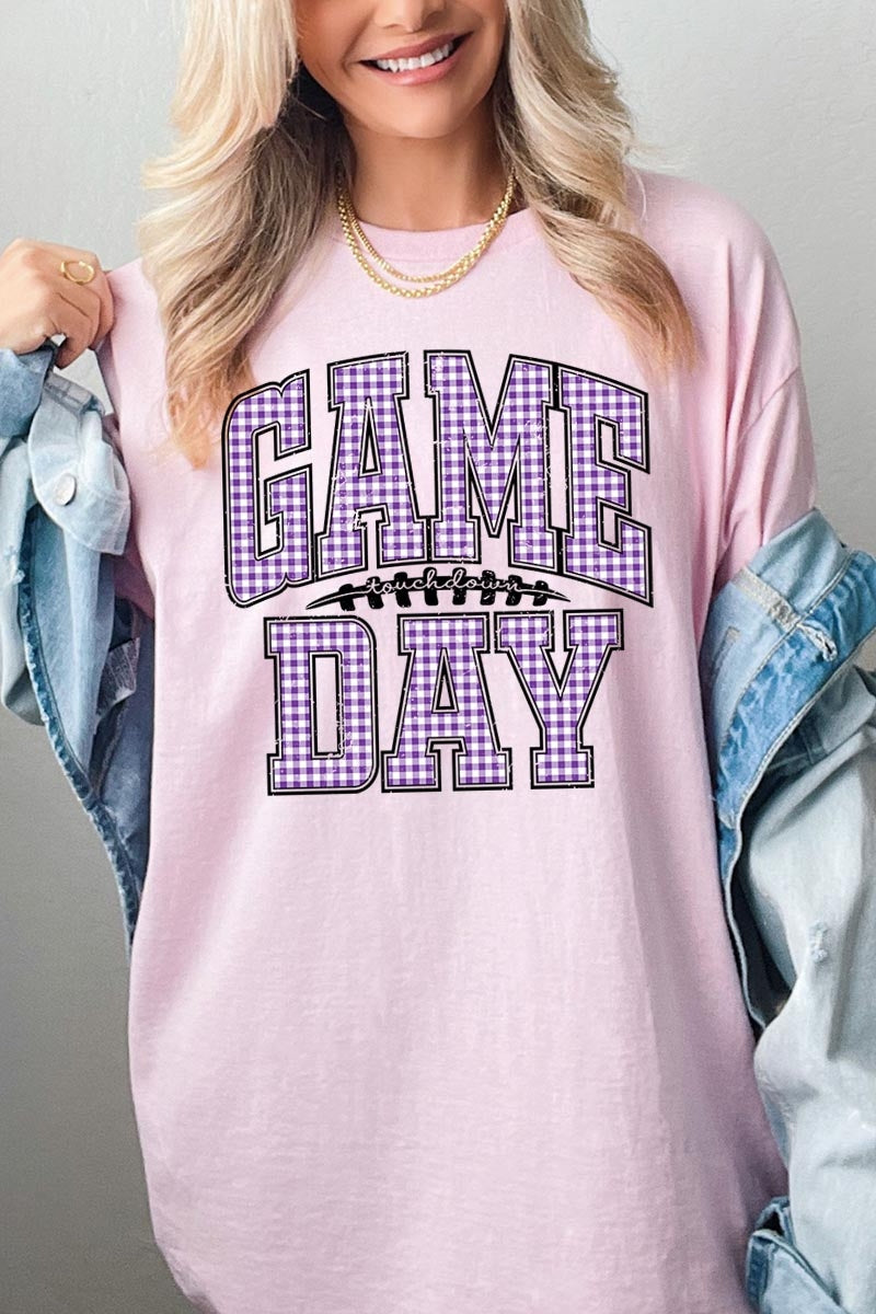 5000P-E3127 Purple Gingham Game Day Plus Heavy Cotton Tee $12.75