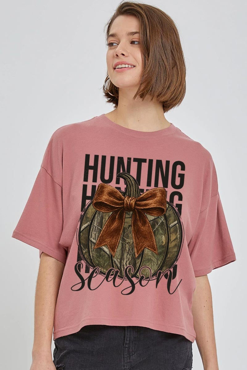 CTS-E3190 Hunting Pumpkin Bow Graphic Relaxed Crop Top $11