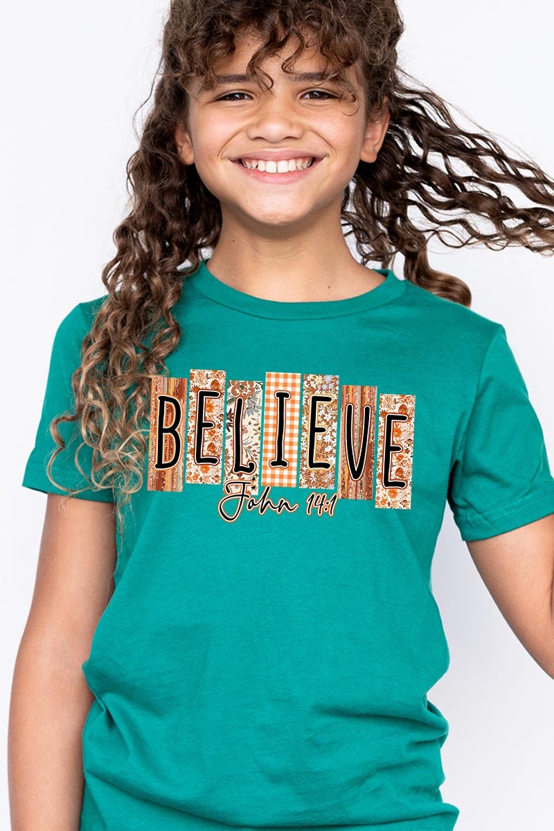 US3001Y-E3167Z Believe Fall Christian Kids Graphic Tee $11