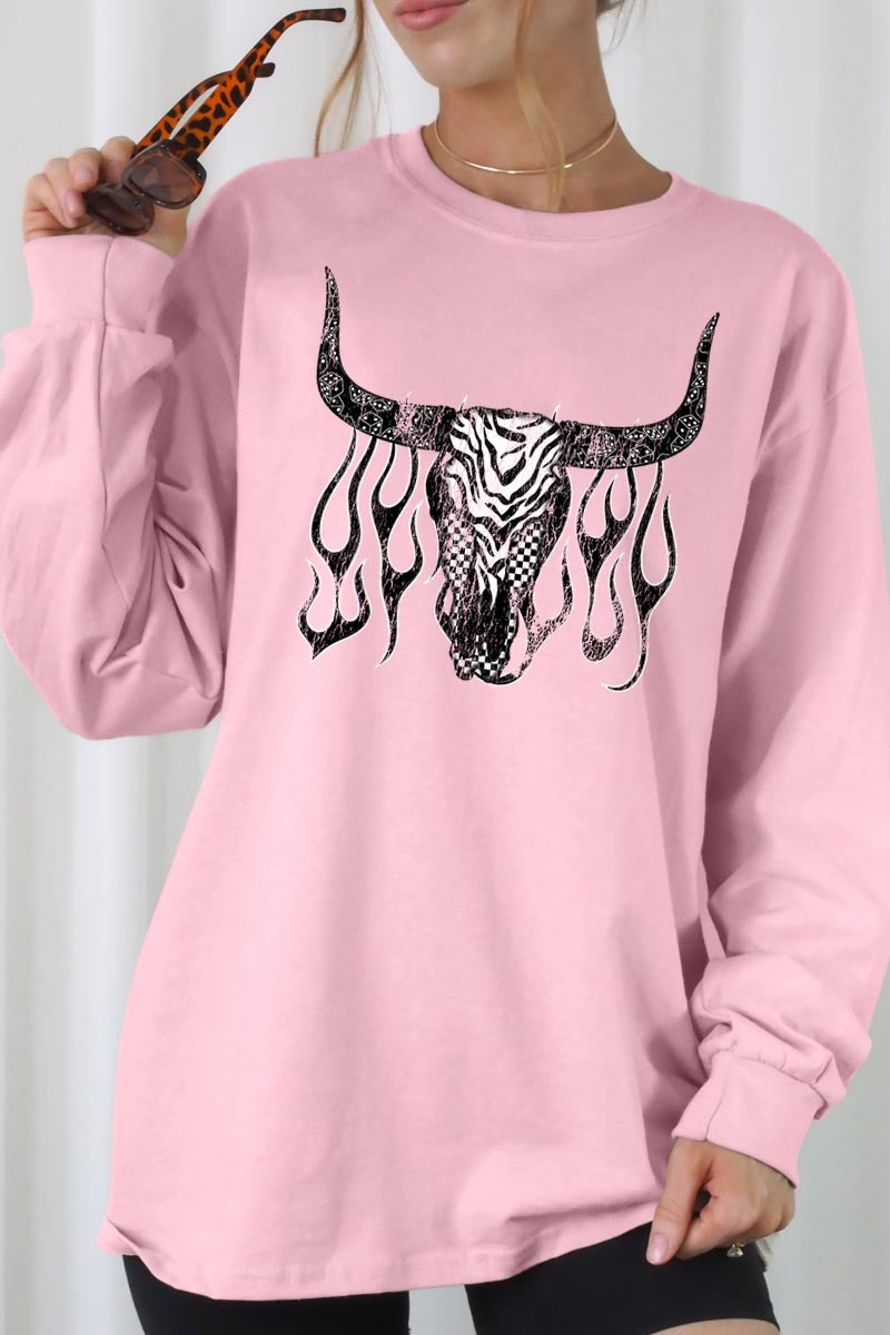 UL240-E3176 Western Bullskull Graphic Long Sleeve Tee $13.75