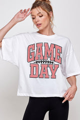 CTS-E3126 Red Gingham Game Day Graphic Relaxed Crop Top $11