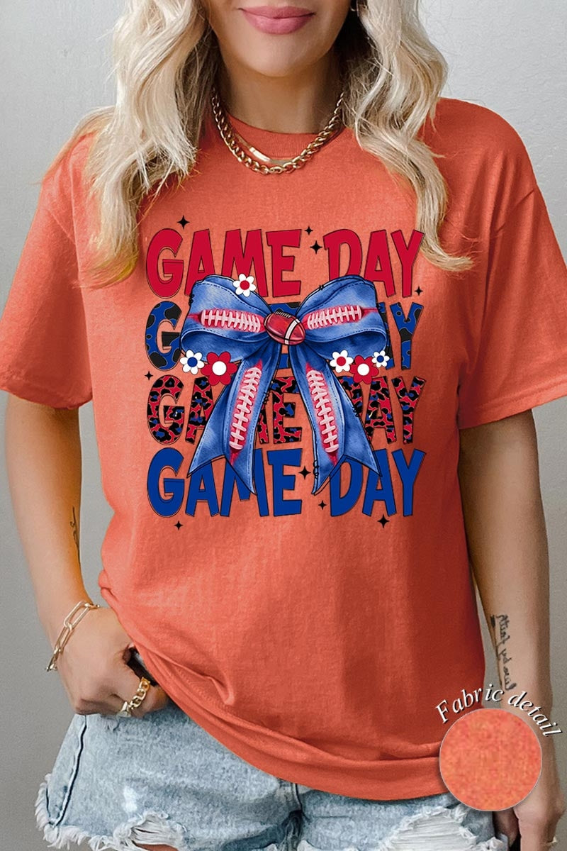 5000-E3087 Red Blue Football Game Day Bow Heavy Cotton Tee $9