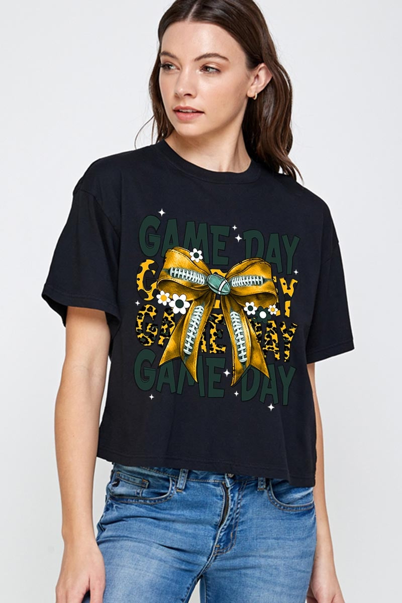 CTS-E3090 Yellow Football Game Day Bow Relaxed Crop Top $11