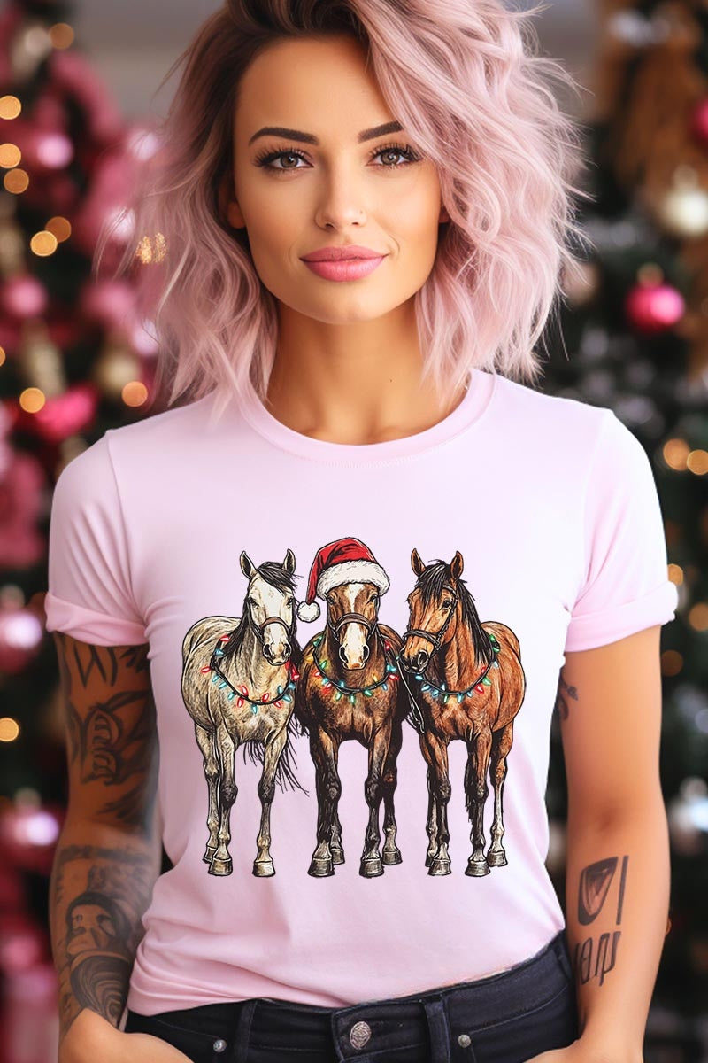 US3001-E3182 Christmas Horses Graphic Tee $12.5