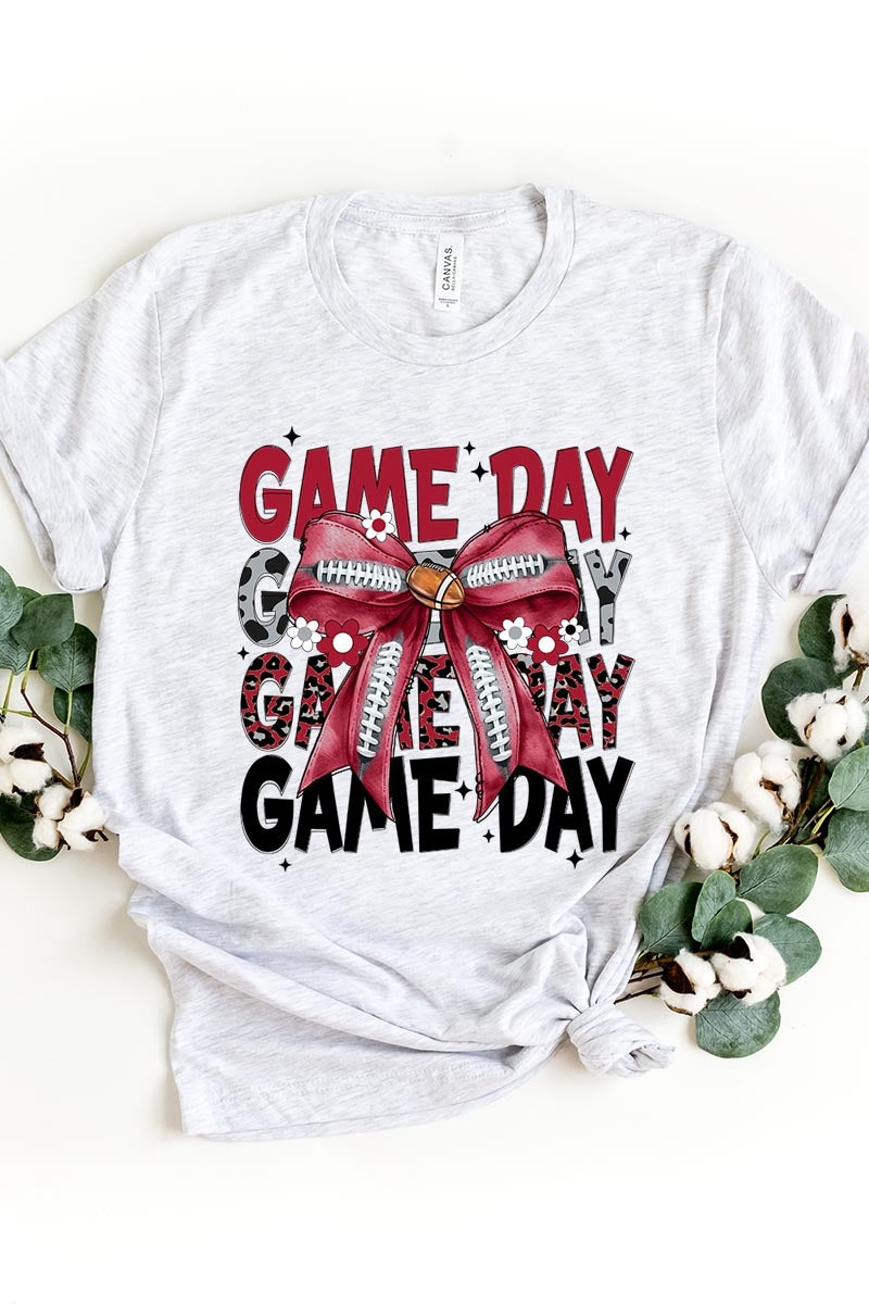 US3001-E3093 Red Silver Football Game Day Bow Graphic Tee $12.5
