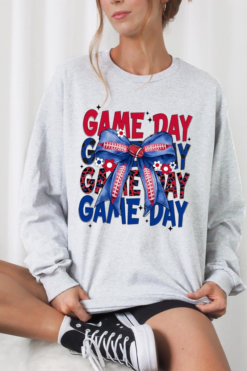 UL240-E3087 Red Blue Football Game Day Bow Long Sleeve Tee $13.75