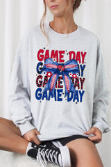 UL240-E3087 Red Blue Football Game Day Bow Long Sleeve Tee $13.75