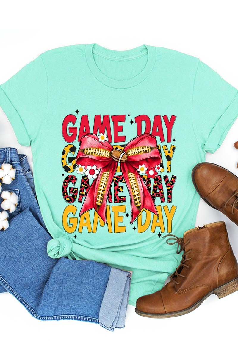 US3001P-E3091 Red Yellow Football Game Day Bow Graphic Plus Tee $16