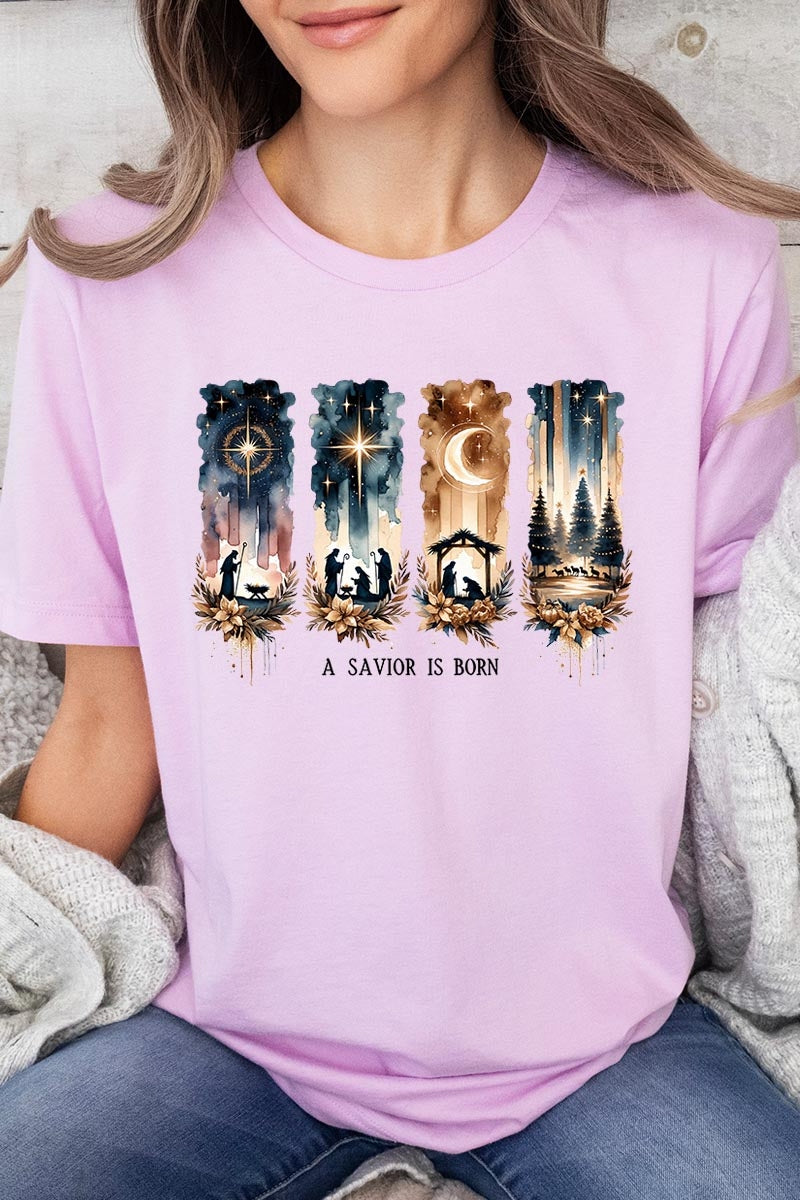 US3001-E3204 Savior Is Born Nativity Graphic Tee $12.5