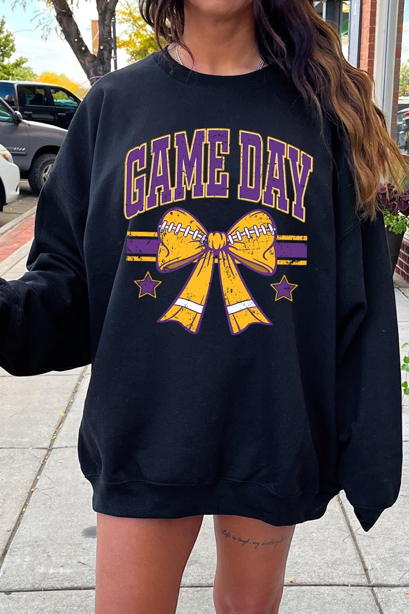 UL180P-E3063 Purple Game Day Football Bow Plus Sweatshirt $25
