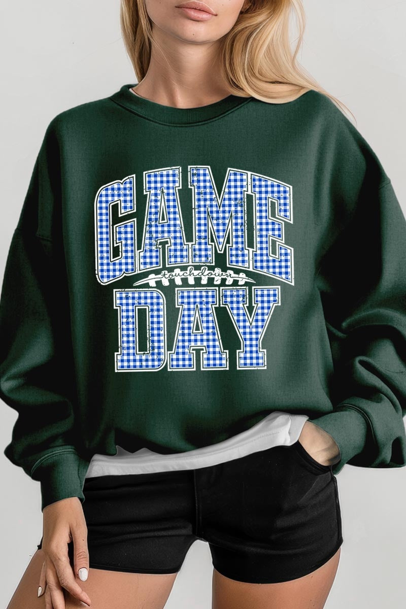 UL180P-E3130 Blue Gingham Game Day Graphic Plus Sweatshirt $25