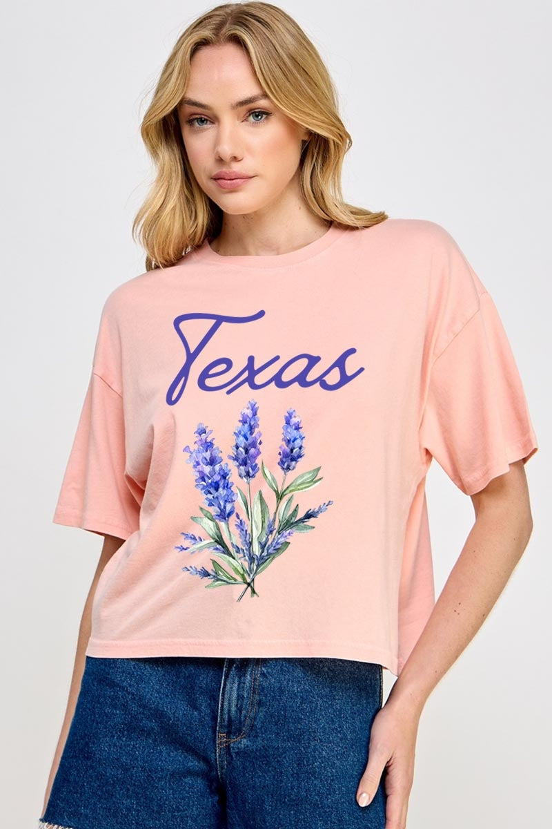 CTS-E3060 Texas Bluebonnet Graphic Relaxed Crop Top $10.5