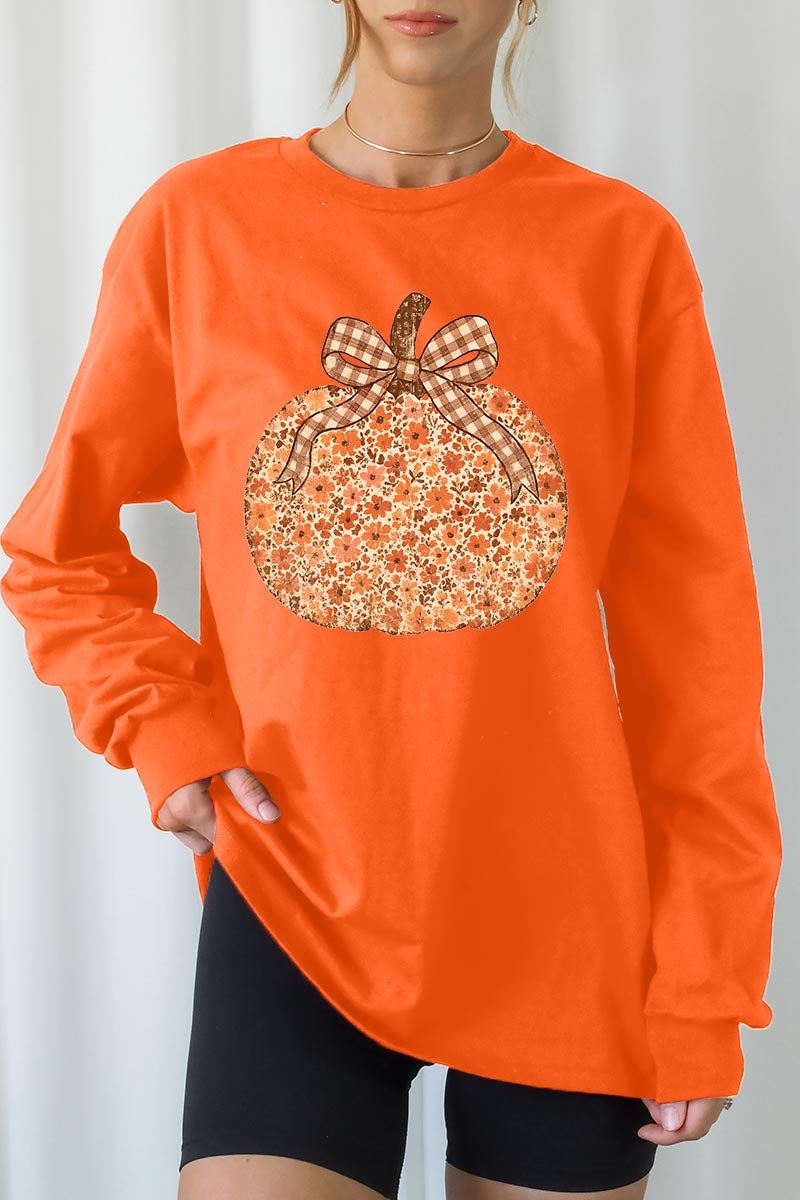 UL240P-E3135 Floral Fall Pumpkin Graphic Plus Long Sleeve Tee $17