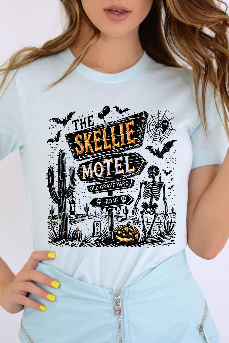 US3001-E3108 Skellie Motel Halloween Graphic Tee $12.5
