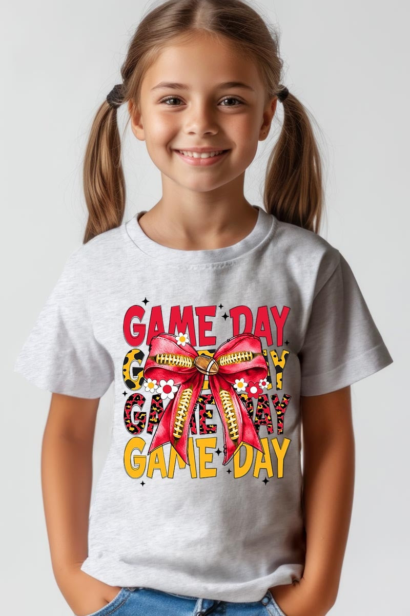 US3001Y-E3091Z Red Yellow Football Game Day Bow Kids Graphic Tee $11