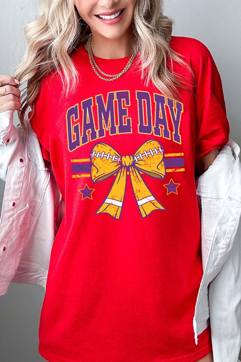 5000P-E3063 Purple Football Bow Graphic Plus Heavy Cotton Tee $12.75