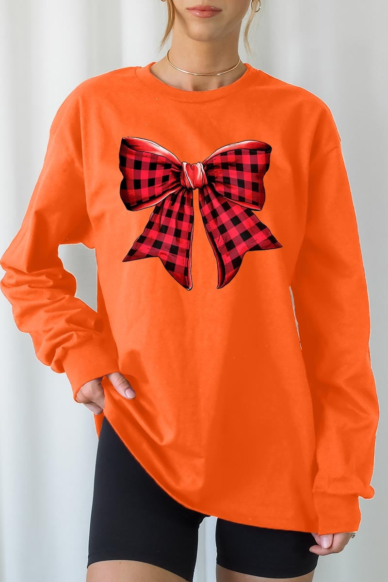 UL240-E3198 Red Buffalo Plaid Bow Graphic Long Sleeve Tee $13.75
