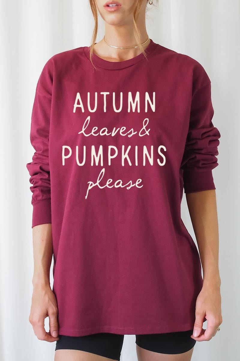 UL240P-E3158 Autumn Leaves Pumpkins Graphic Plus Long Sleeve Tee $17