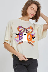 CTS-E3120 Boo Brushstroke Bow Graphic Relaxed Crop Top $11