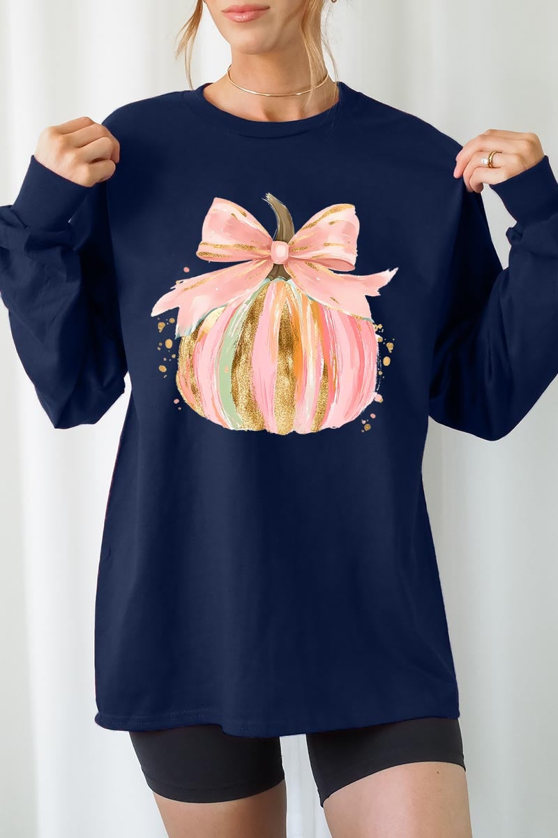 UL240-E3083 Brushstroke Pumpkin Graphic Long Sleeve Tee $13.75