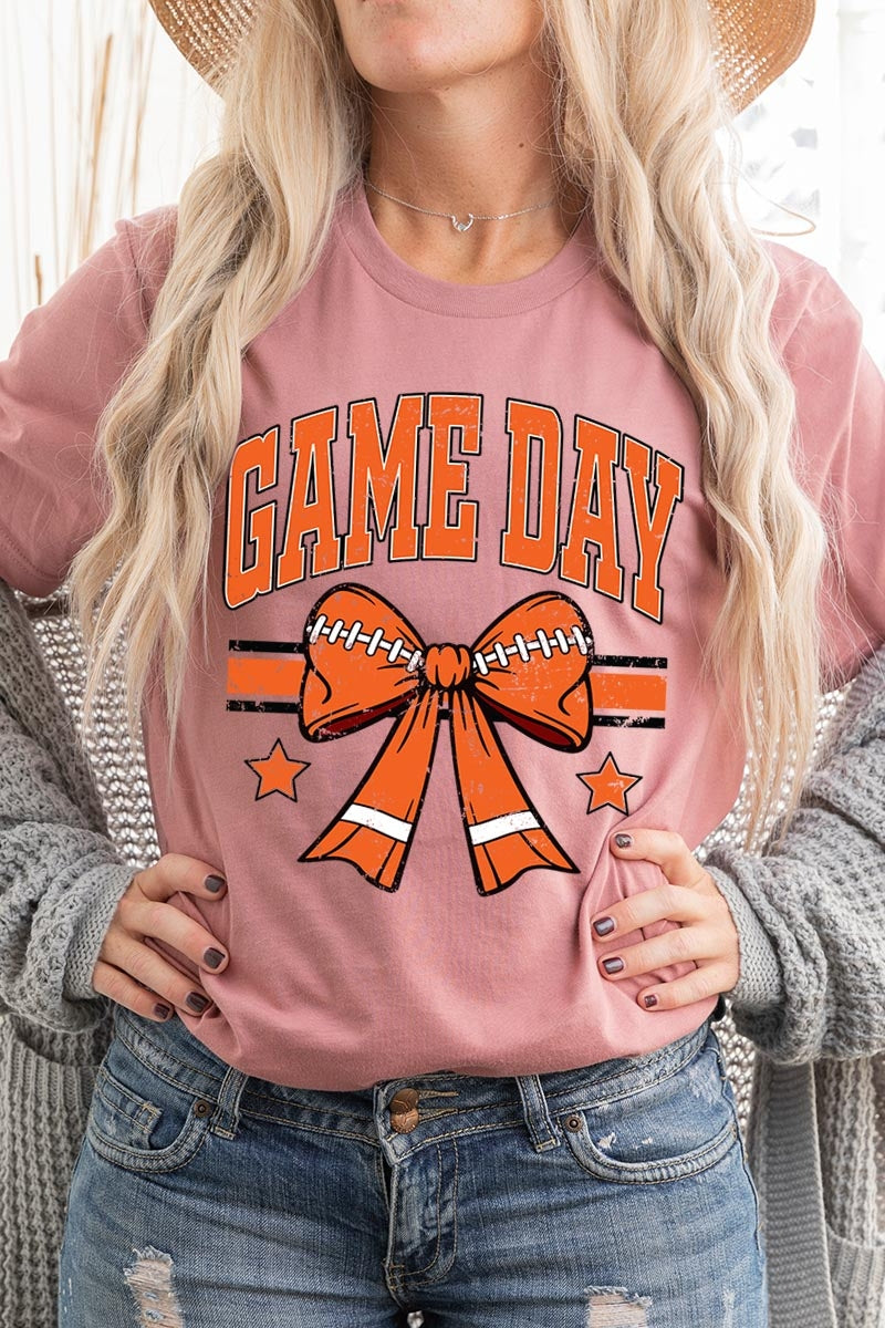 US3001-E3064 Orange Game Day Football Bow Graphic Tee $12.5