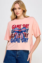 CTS-E3087 Red Blue Football Game Day Bow Relaxed Crop Top $11
