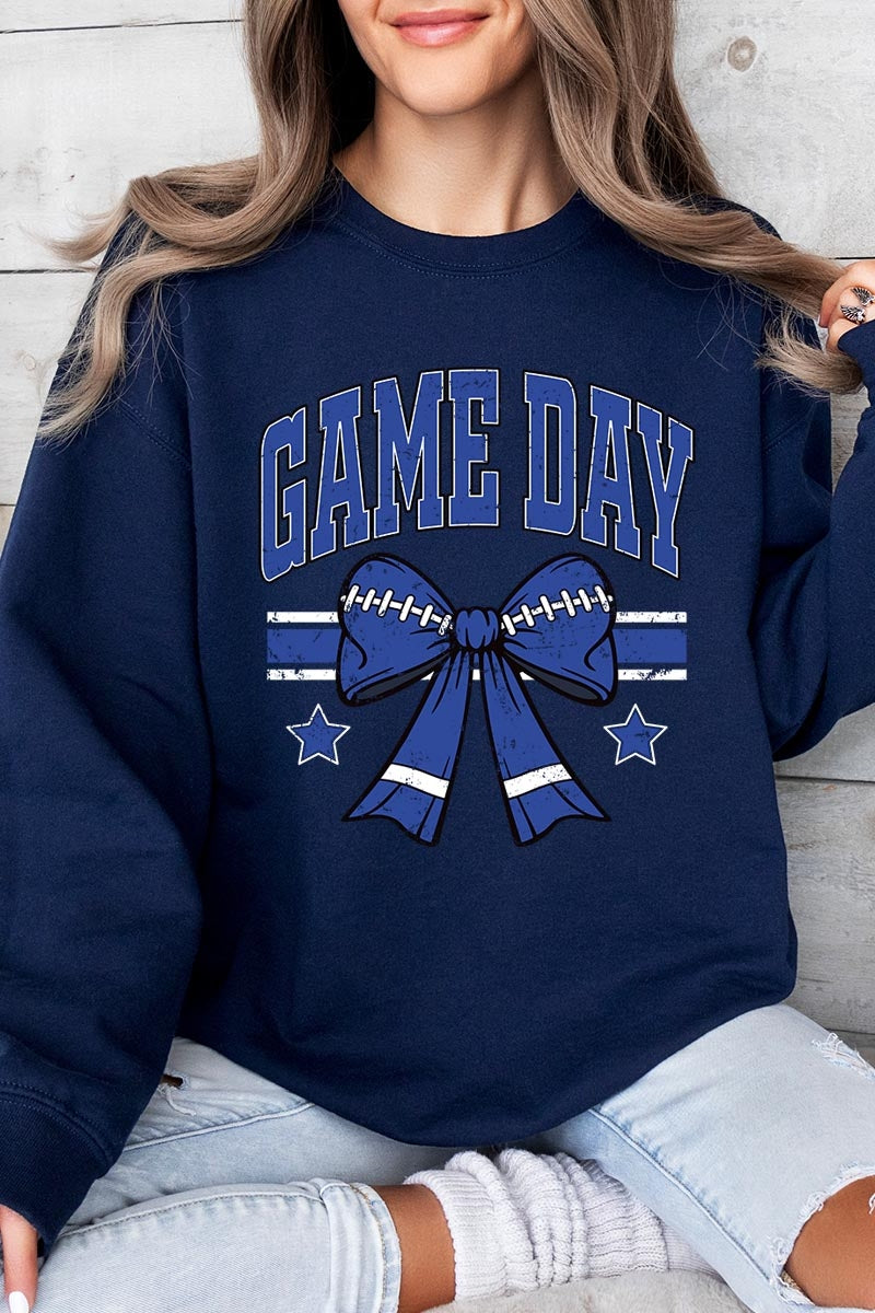 UL180-E3065 Blue Game Day Football Bow Graphic Sweatshirt $20