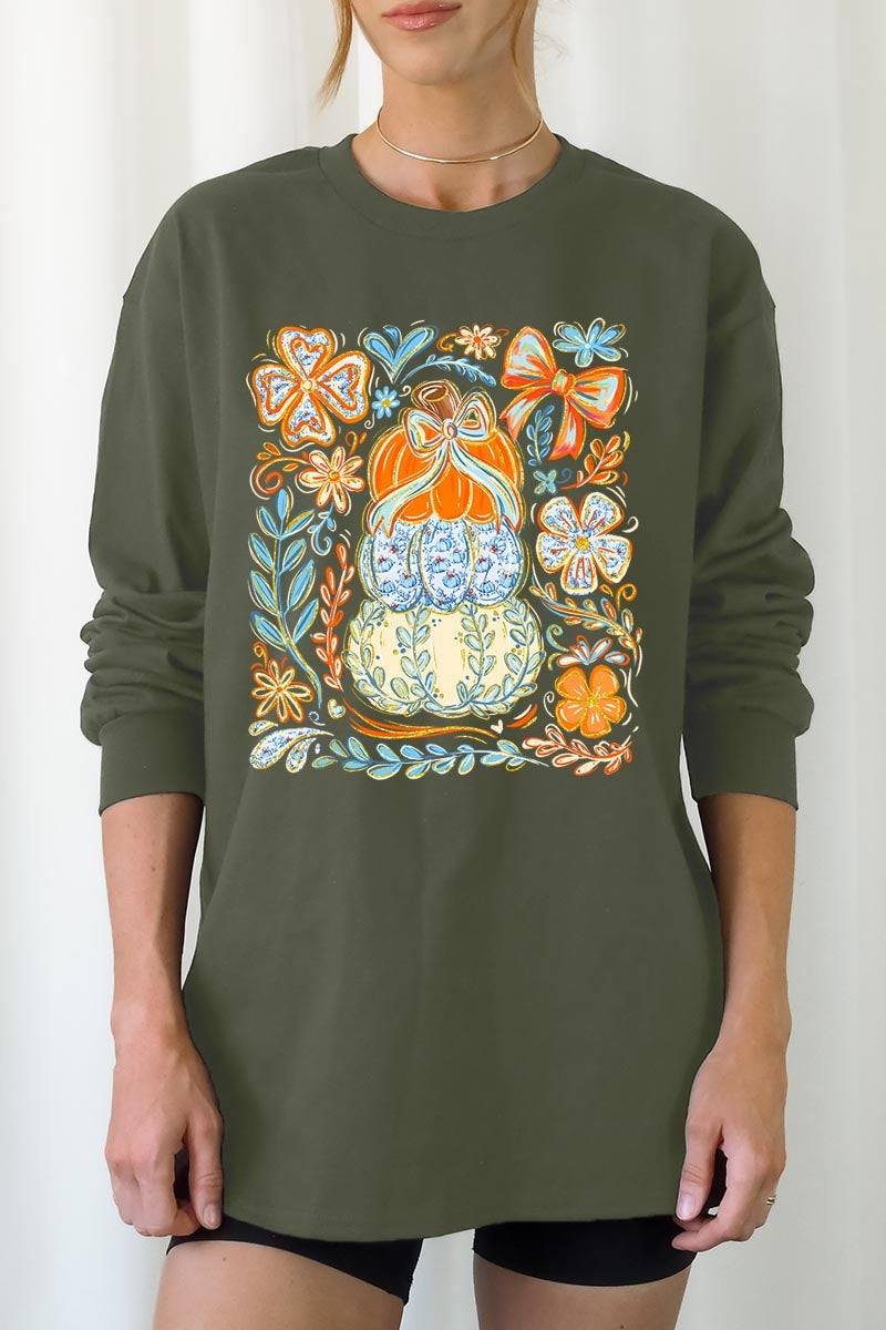 UL240P-E3153 Floral Pumpkin Stack Graphic Plus Long Sleeve Tee $17
