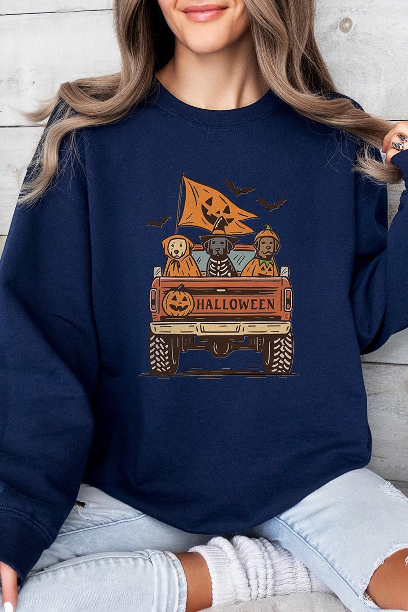 UL180P-E3150 Halloween Truck Dogs Graphic Plus Sweatshirt $25