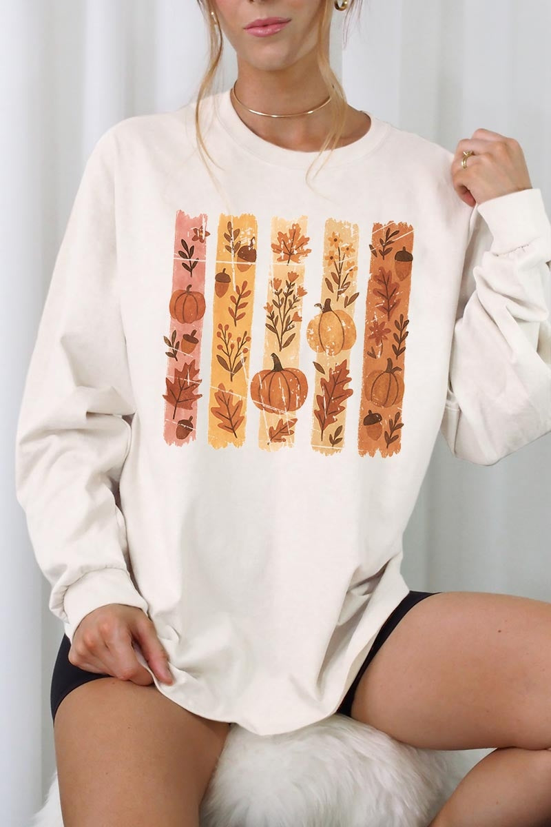 UL240P-E3110 Brushstroke Boho Fall Graphic Plus Long Sleeve Tee $17