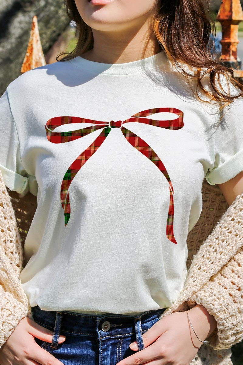 US3001-E3211 Red Bow Christmas Graphic Tee $12.5