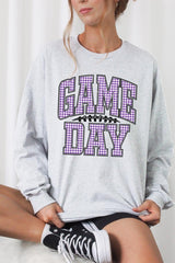 UL240-E3127 Purple Gingham Game Day Graphic Long Sleeve Tee $13.75