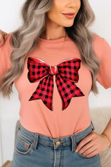 US3001-E3198 Red Buffalo Plaid Bow Graphic Tee $12.5