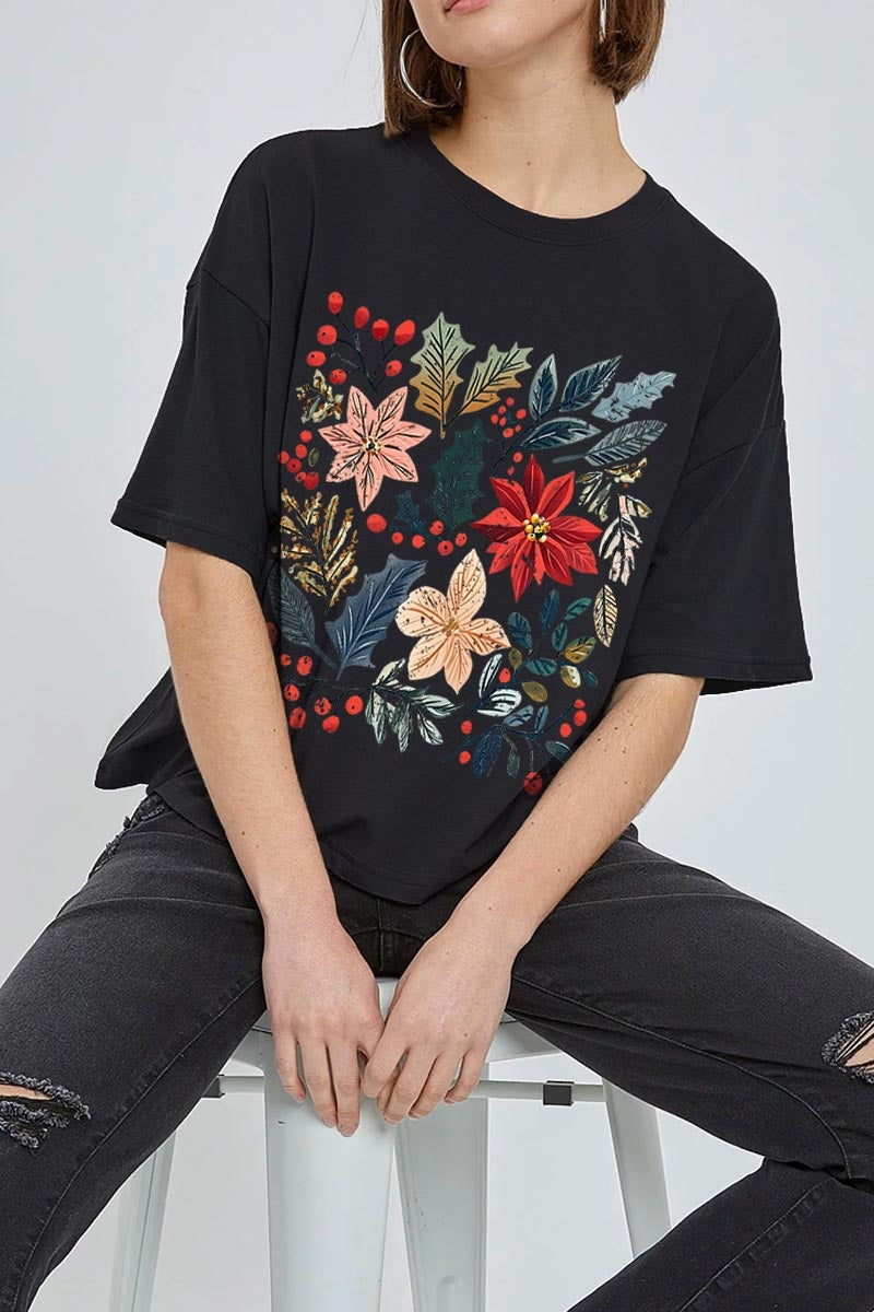 CTS-E3186 Floral Christmas Graphic Relaxed Crop Top $11