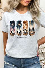 US3001P-E3204 Savior Is Born Nativity Graphic Plus Tee $16