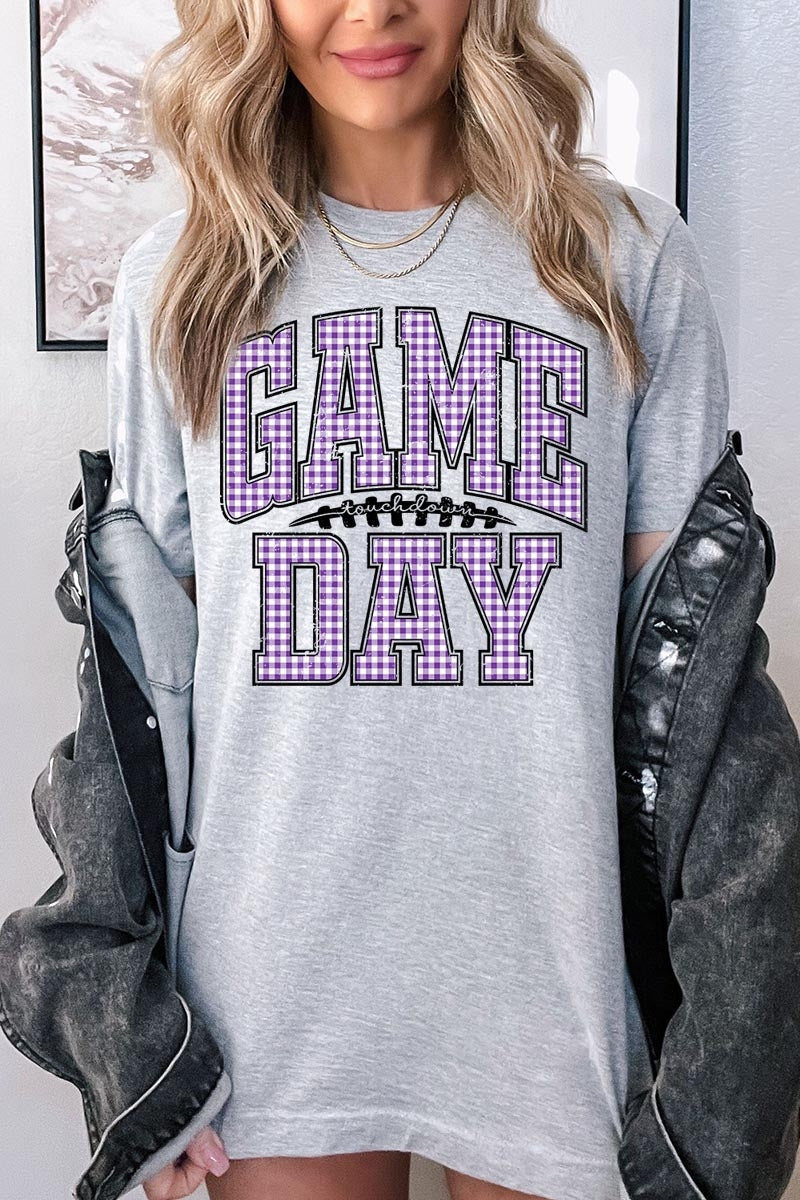 US3001P-E3127 Purple Gingham Game Day Graphic Plus Tee $16