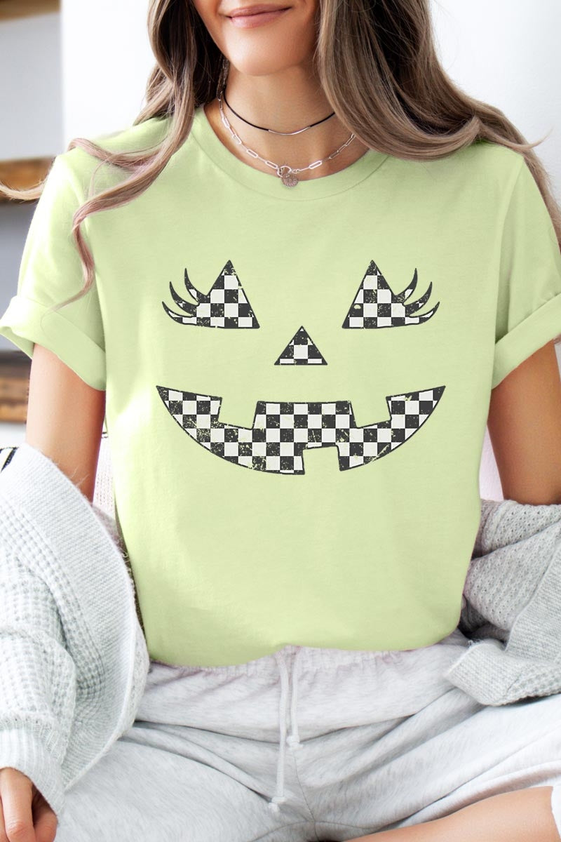US3001-E3149 Checker Pumpkin Face Graphic Tee $12.5