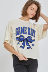 CTS-E3065 Blue Game Day Football Bow Graphic Crop Top $11