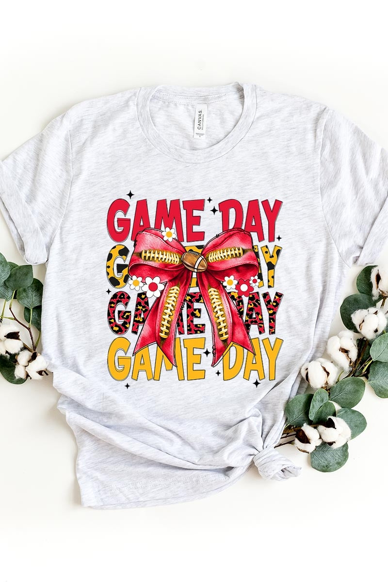US3001P-E3091 Red Yellow Football Game Day Bow Graphic Plus Tee $16