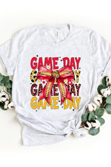 US3001P-E3091 Red Yellow Football Game Day Bow Graphic Plus Tee $16