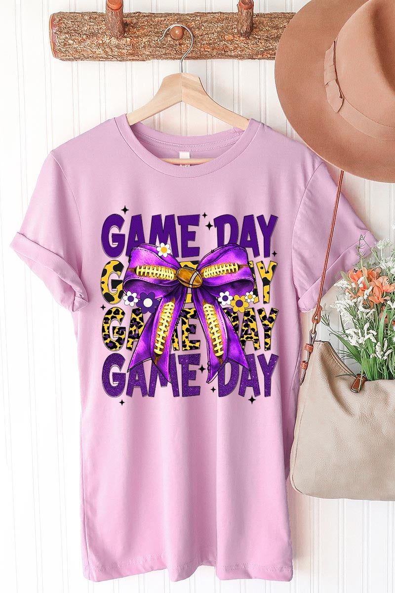 US3001-E3092 Purple Yellow Football Game Day Bow Graphic Tee $12.5